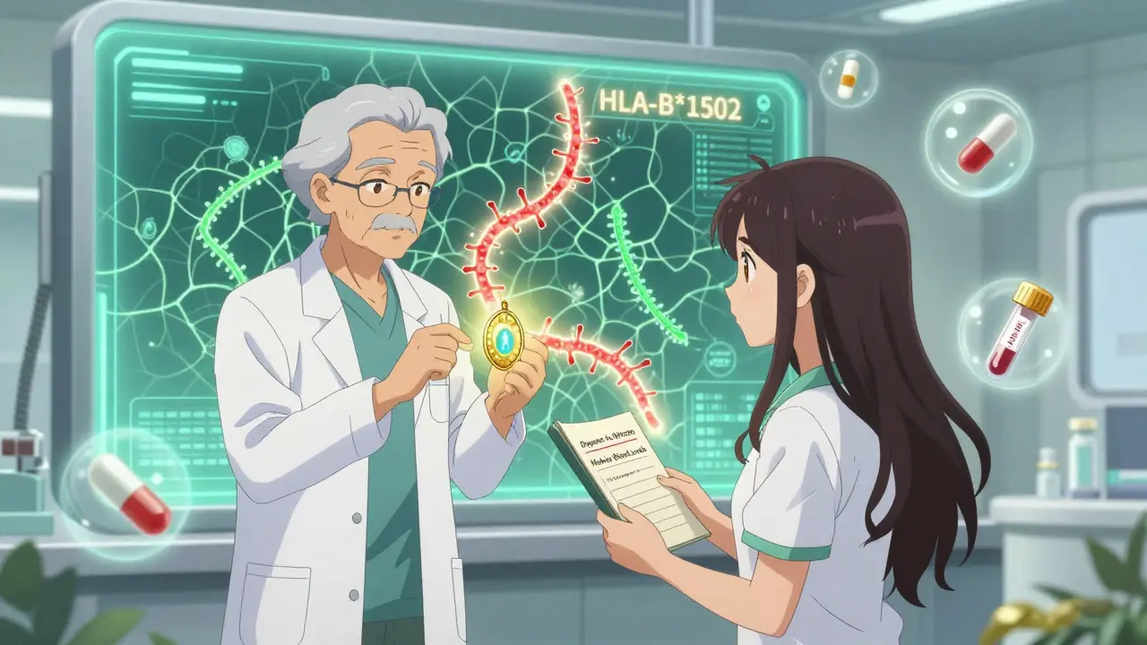 Magical girl consulting a healer with a glowing genetic map for safe medication management.
