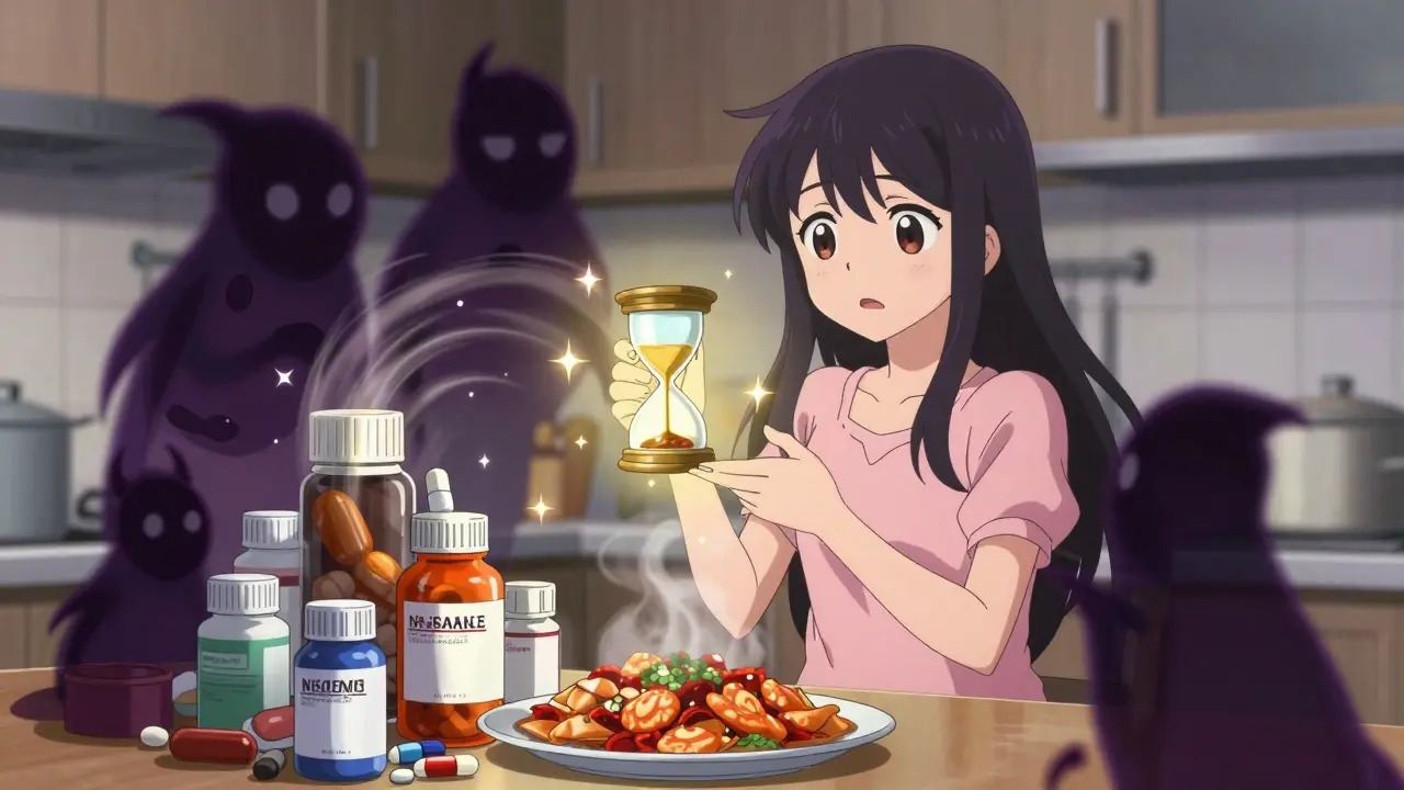 Magical girl separating medication bottles from spicy food