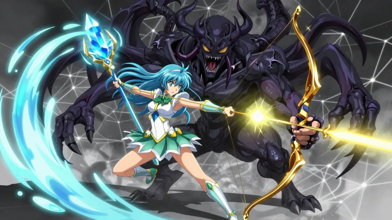 Magical girl using dual weapons to defeat a multi-headed shadow monster.