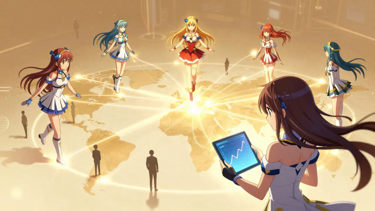 Magical girls forming a global safety network with glowing data threads