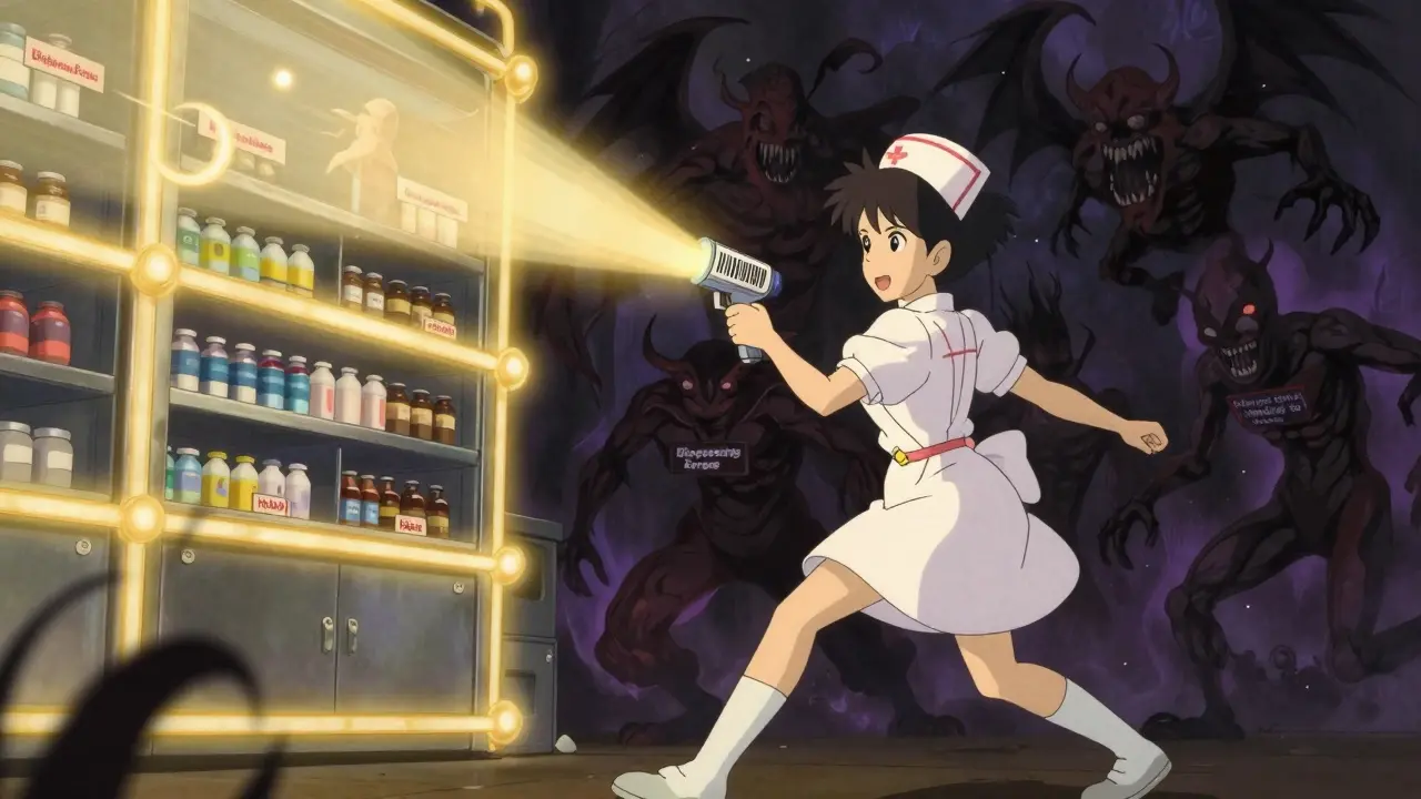 Nurse using magic scanner to defeat error monsters