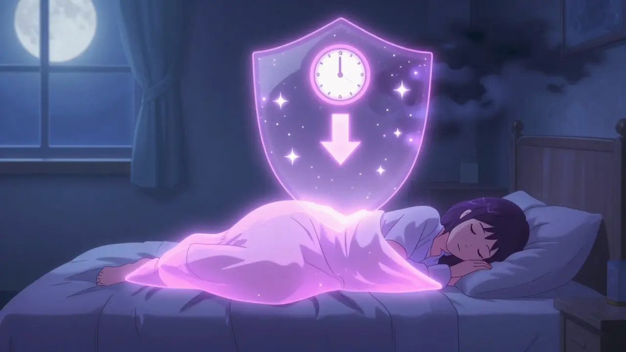 Woman sleeping on elevated bed protected from reflux