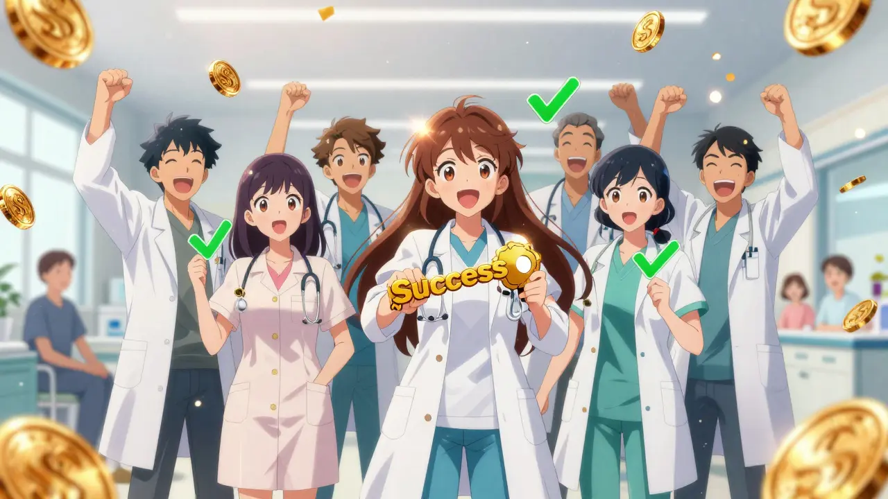 Anime team celebrating cost savings and success
