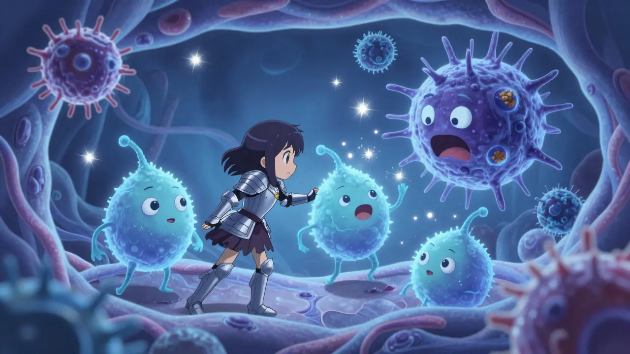 Cute immune cells calming allergen monsters in magical style