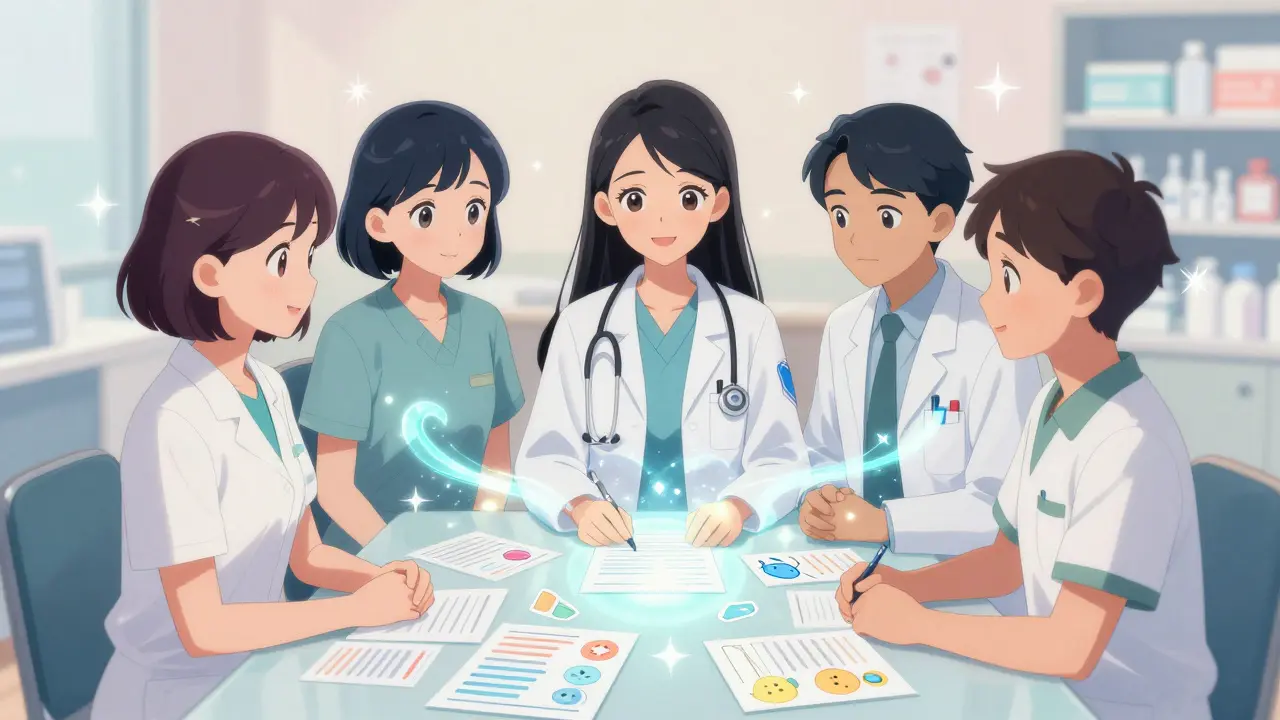 Doctor, pharmacist, and patient connected by trust