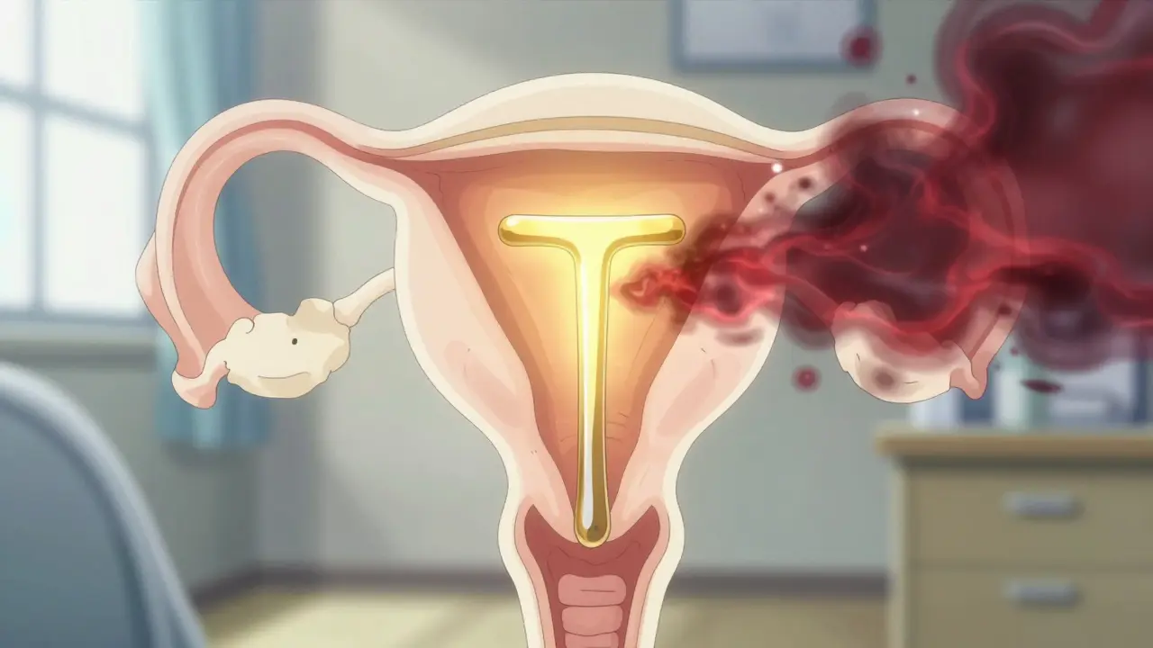 Golden IUD device glowing with healing light in anime style