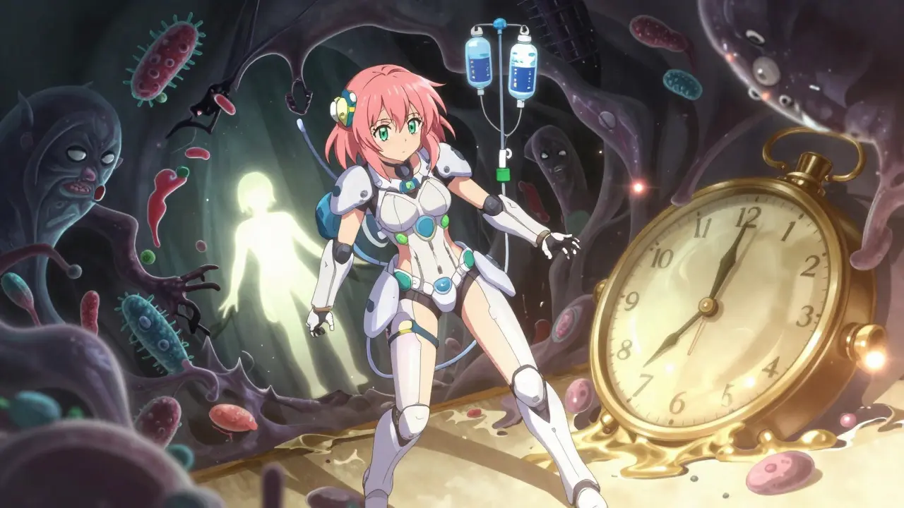 Magical girl fighting monsters during the critical golden hour