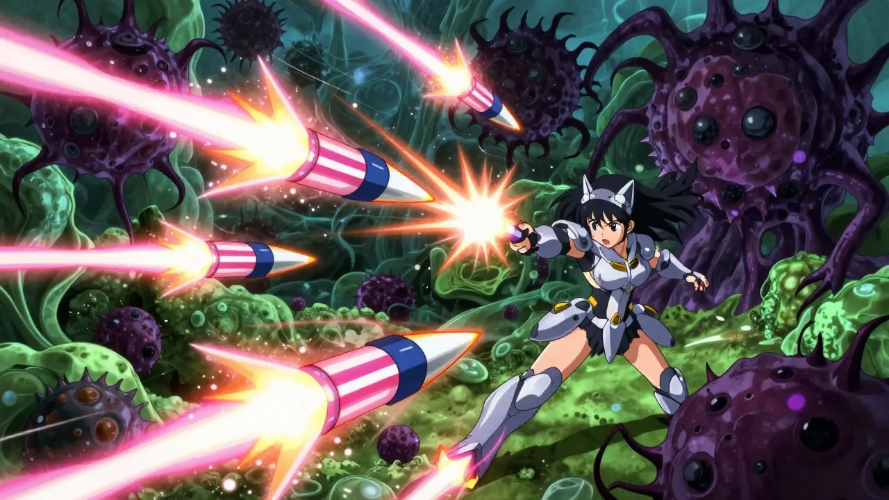 Magical girl fighting tumor monsters with targeted missiles