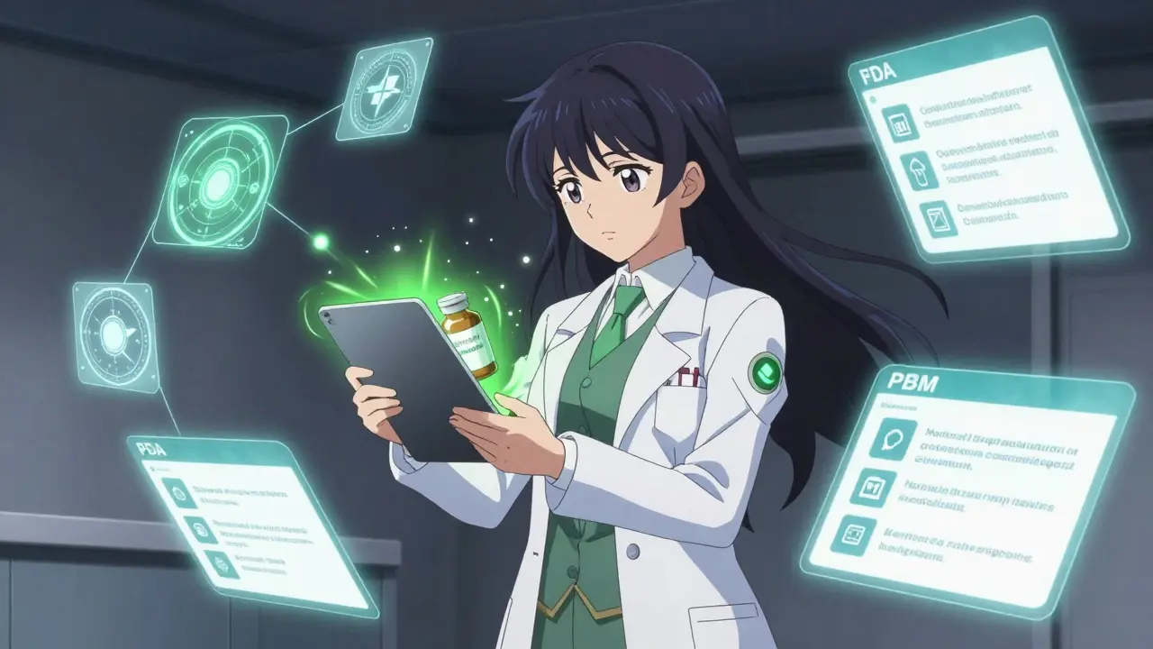 Magical girl pharmacist scanning pill bottle with glowing tablet and digital magic runes