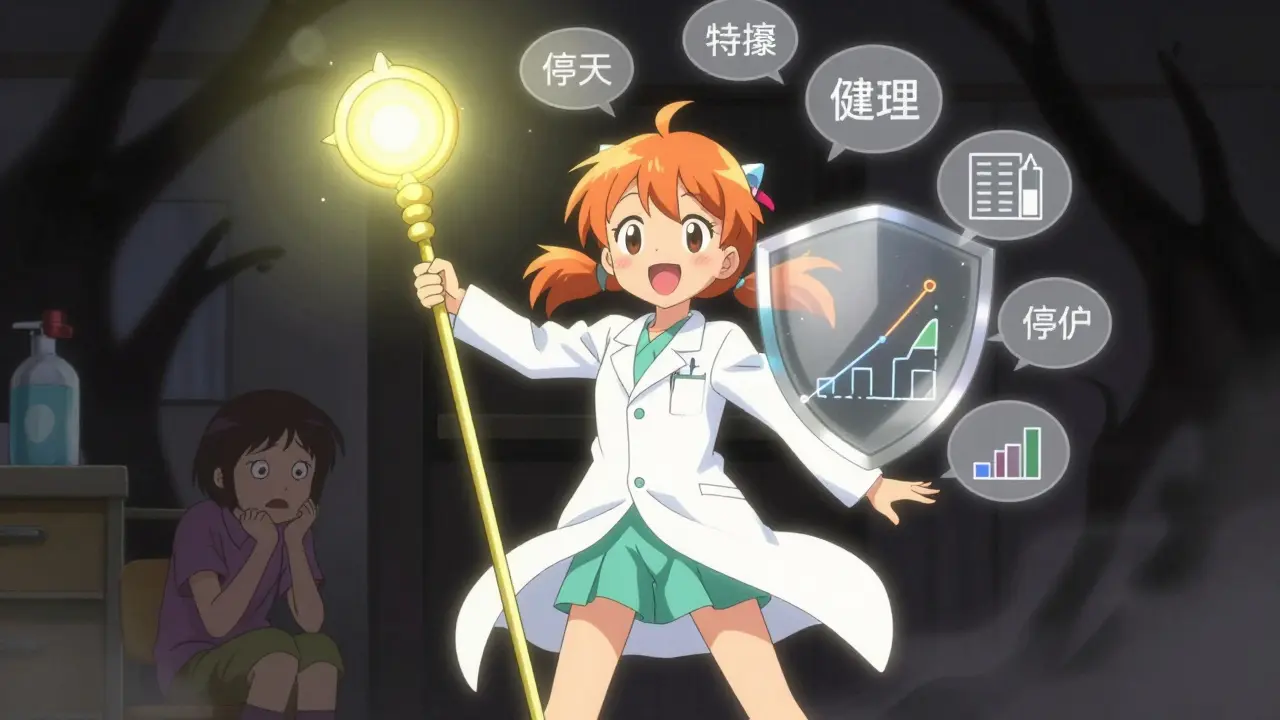 Magical healer blocking dark shadows with info shield