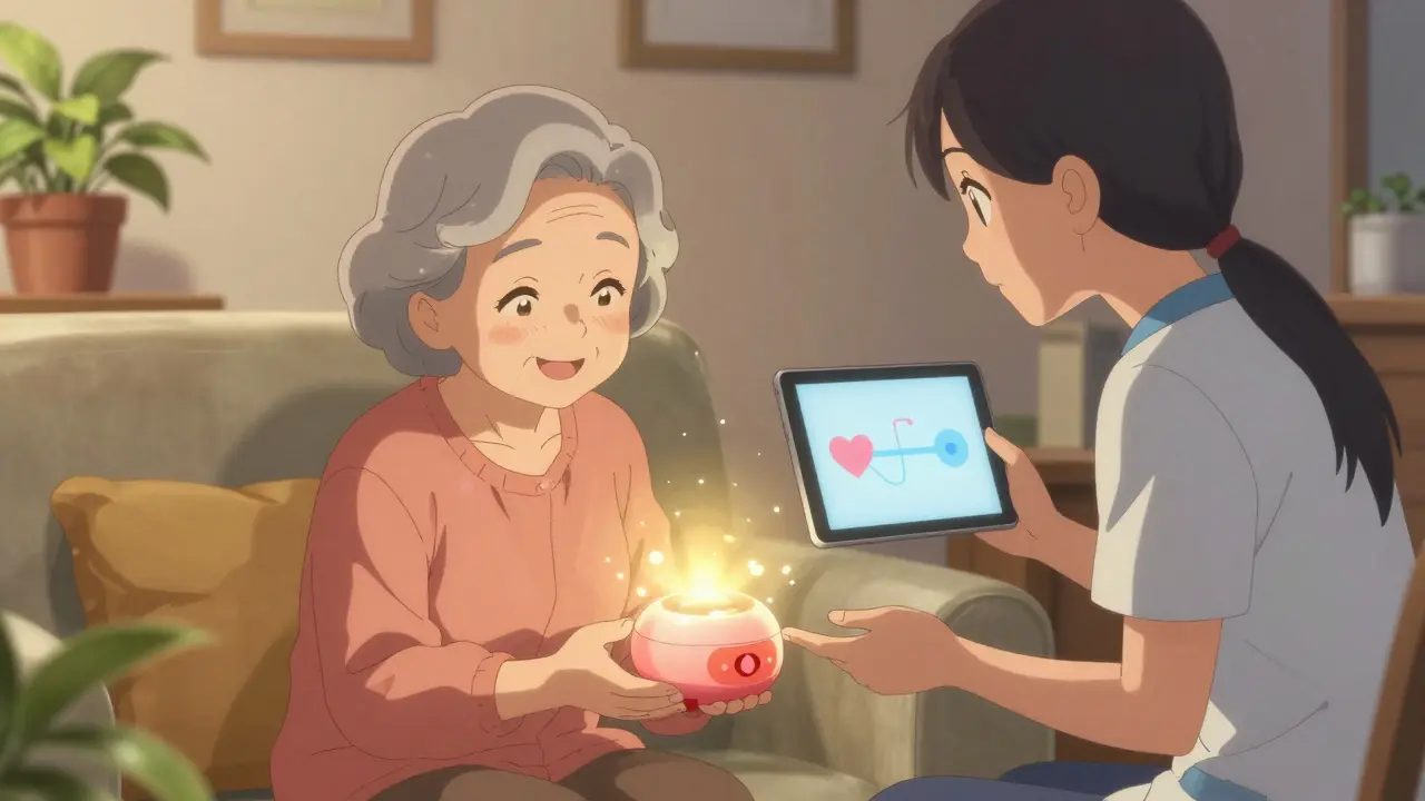 Senior using smart pillbox with caregiver support