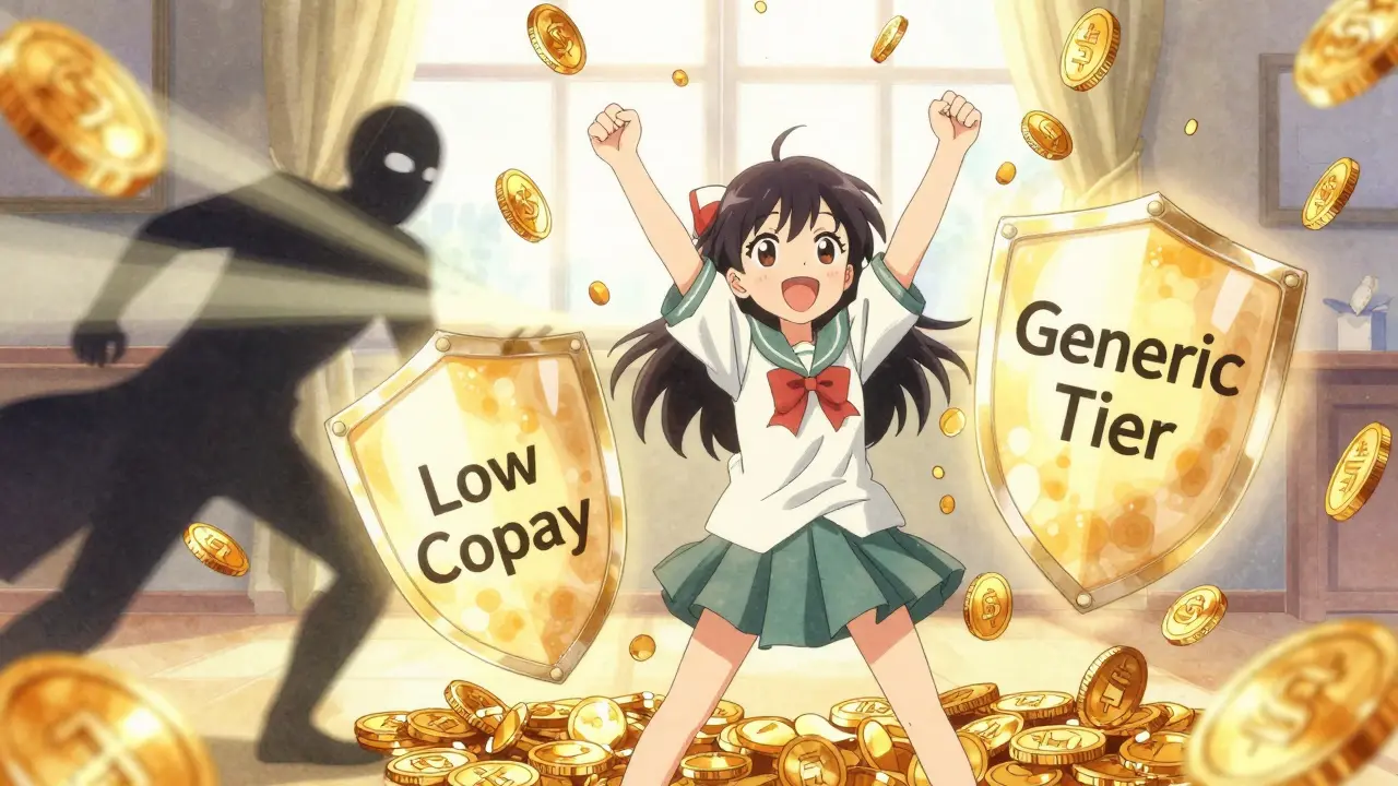 Triumphant anime character protected by low copay shield against high drug costs