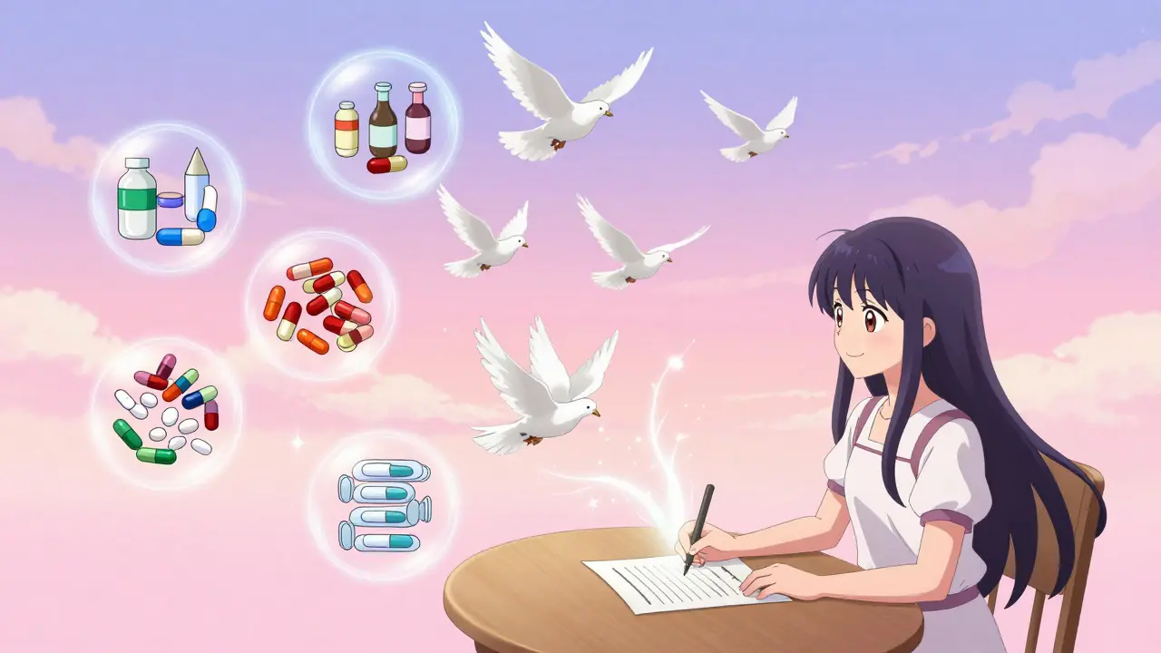 Anime art: Character signing a plan that turns into peaceful doves and light.