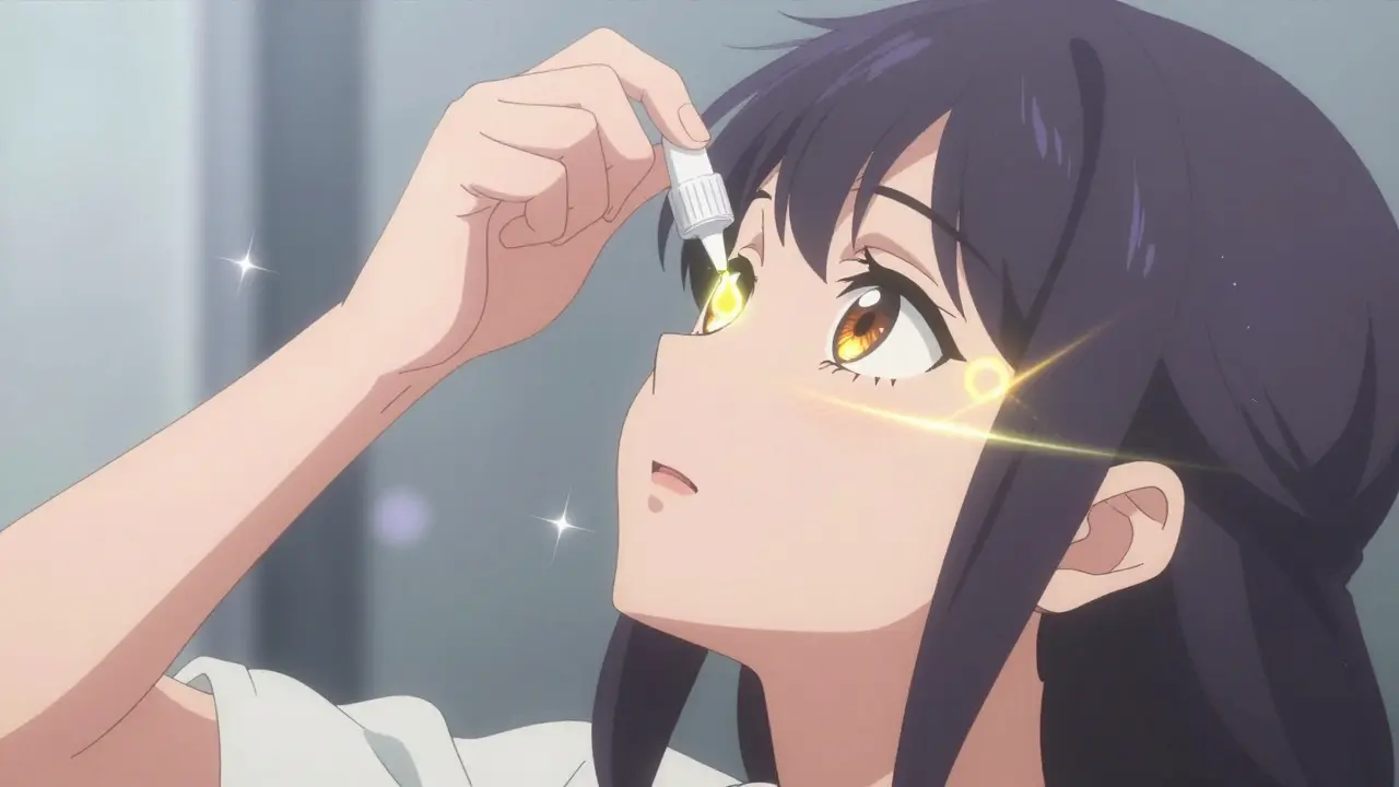 Anime character applying glowing eye drops with magical effects