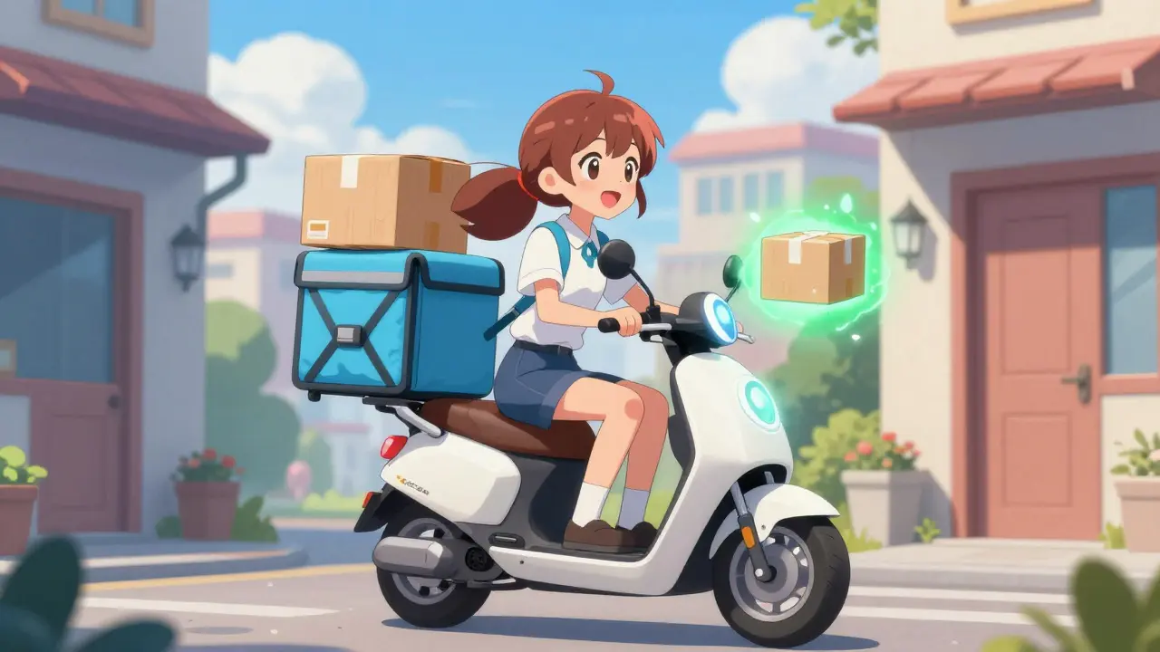 Anime character delivering safe medication package on scooter