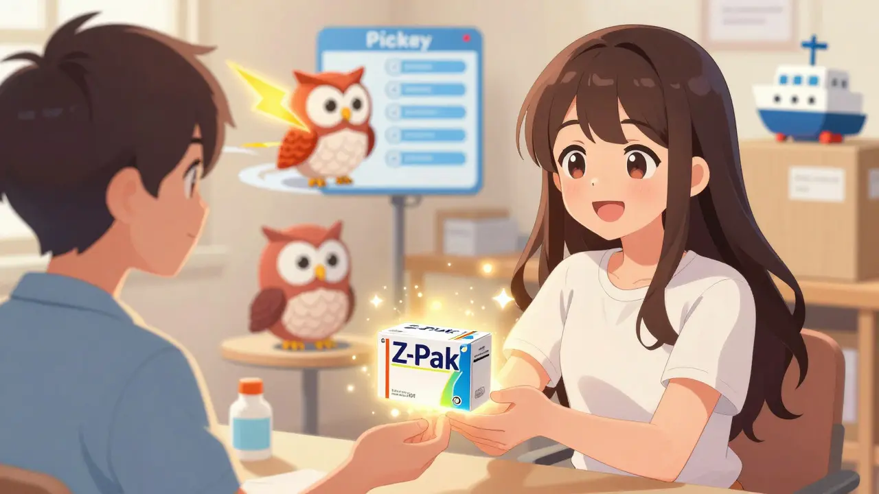 Anime character handing out glowing antibiotic medication package