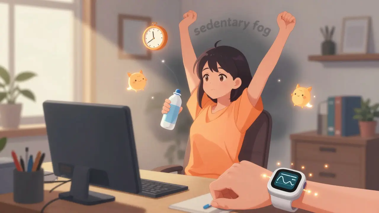 Anime girl stretching at a desk, breaking sedentary fog with a glowing CGM watch