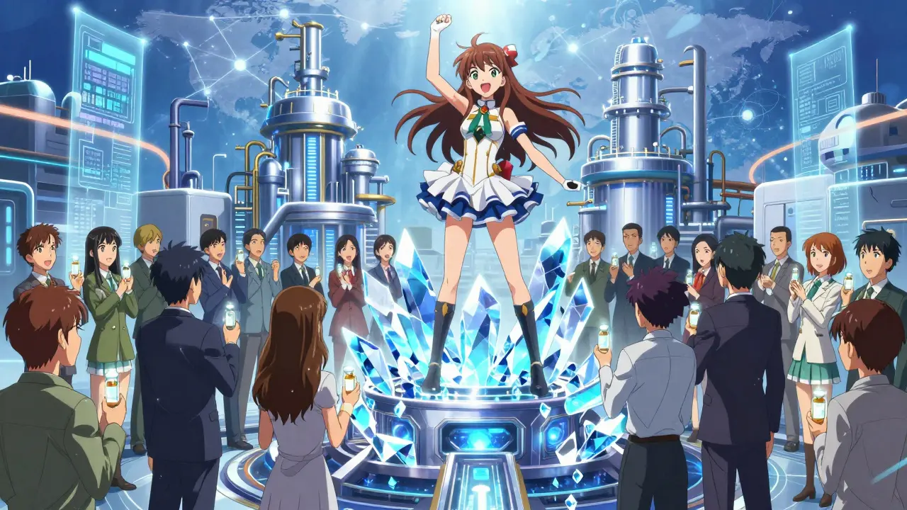 Anime hero celebrating at transparent local medicine factory