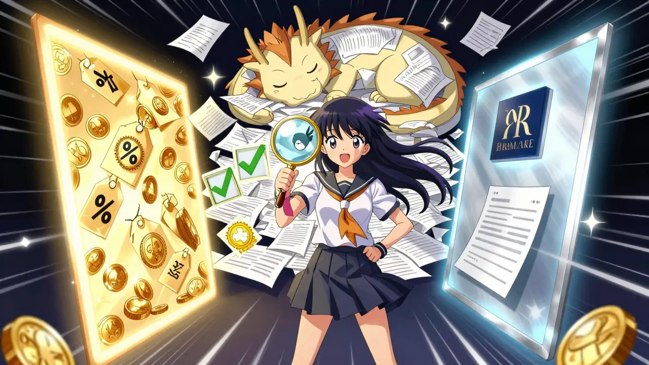 Anime hero comparing prices with magical magnifying glass