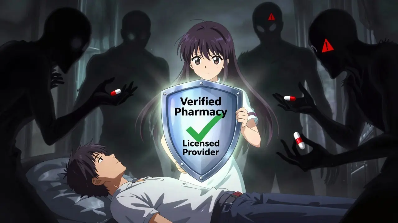 Anime hero protecting patient from dark shadows of illegal drug scams