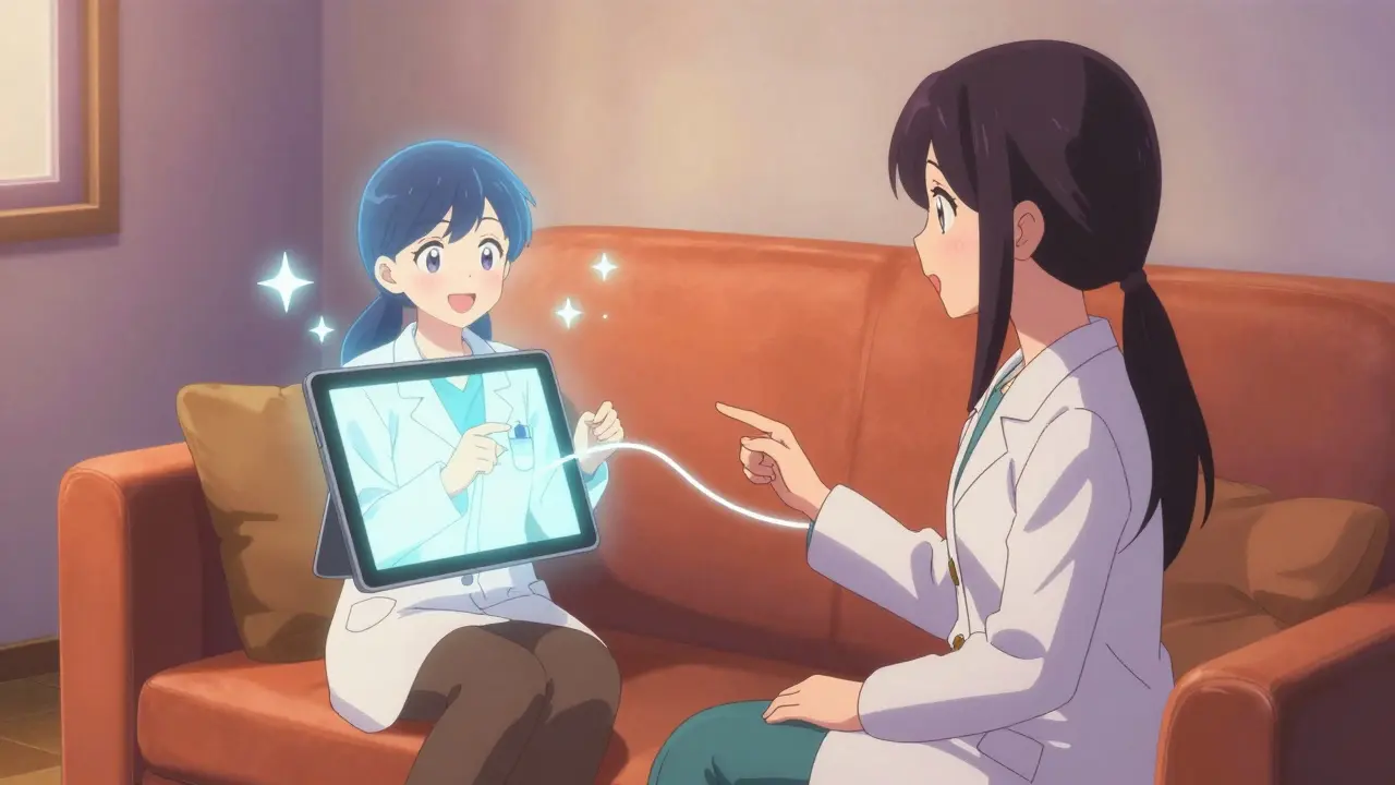 Anime style telehealth consultation with holographic doctor on tablet screen