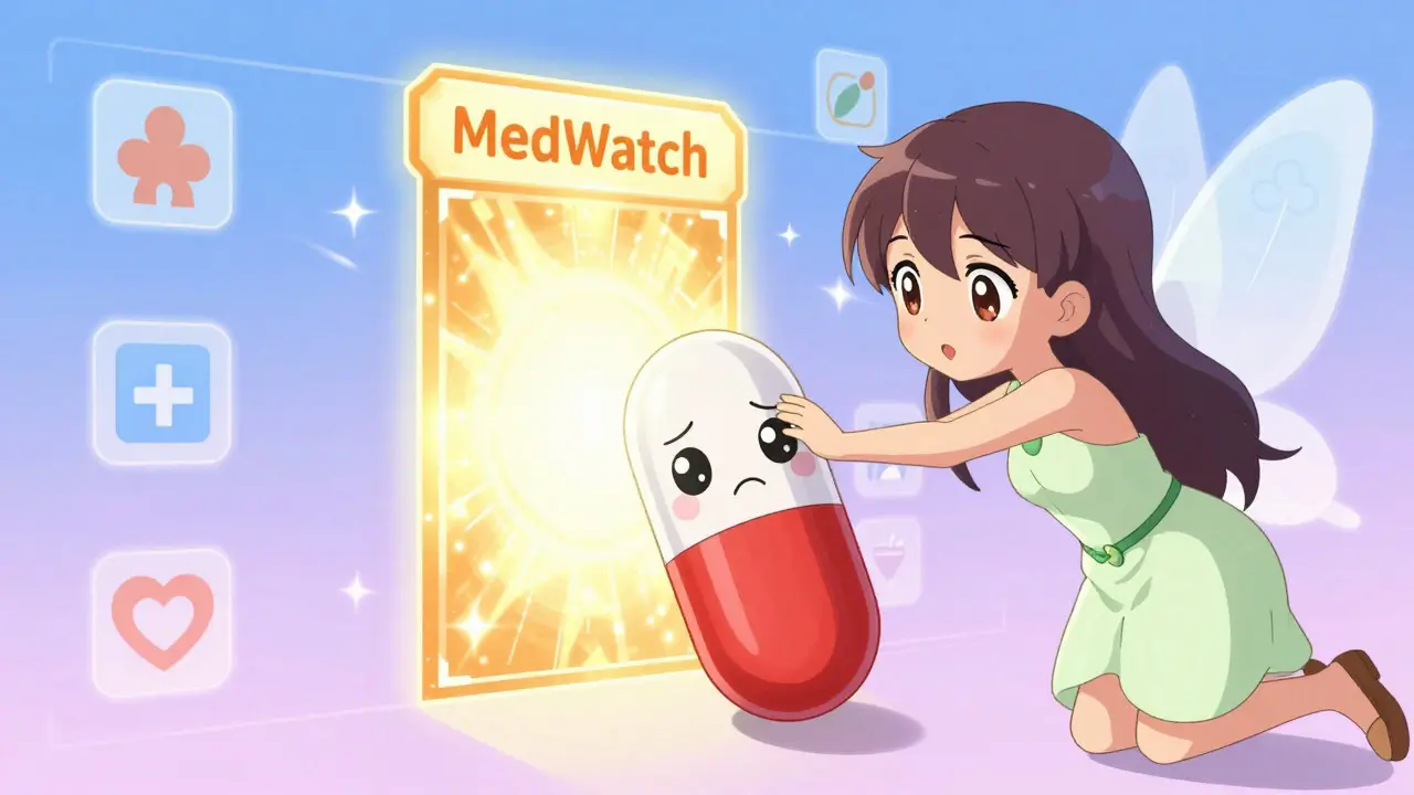 Cute pill character guided by a fairy into a golden portal, showing easy reporting.