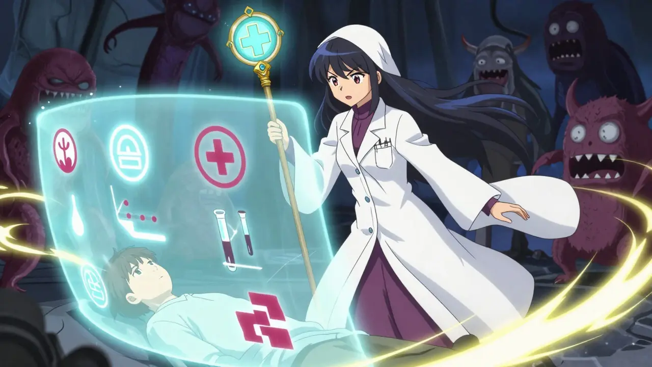 Doctor mage casting protective spell over patient