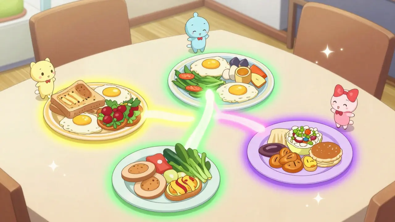Magical anime scene of four balanced meals with glowing auras