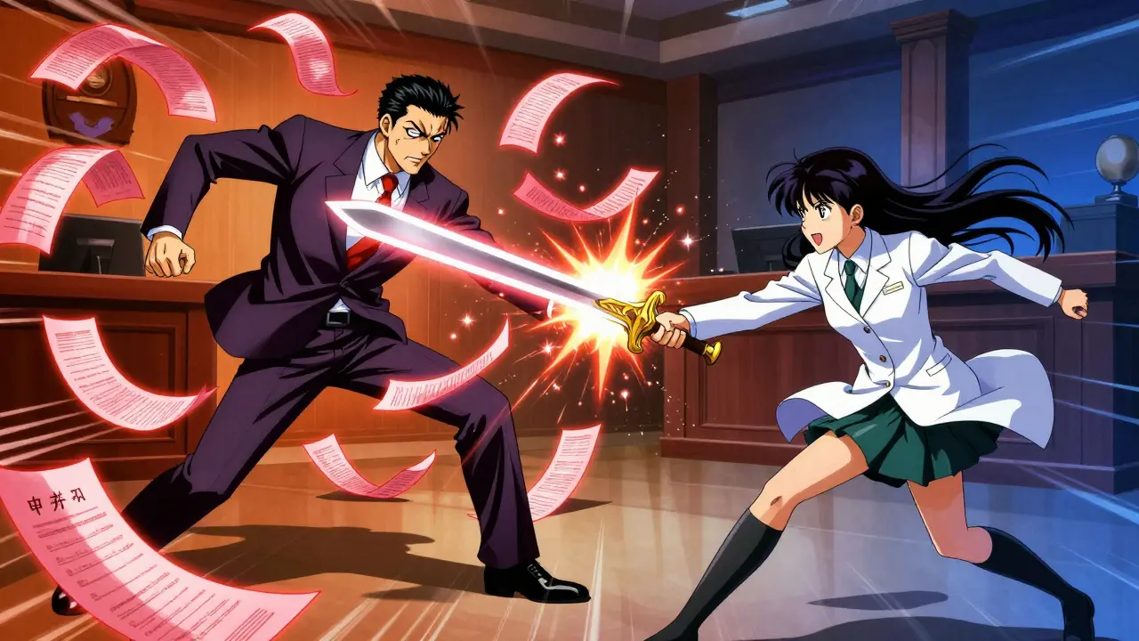 Magical girl battling patent thickets in a stylized courtroom duel.