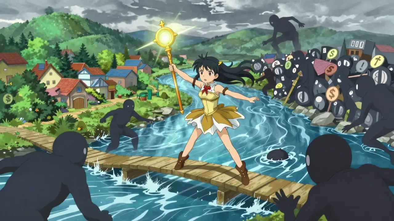 Magical girl building light bridge over river of trade barriers