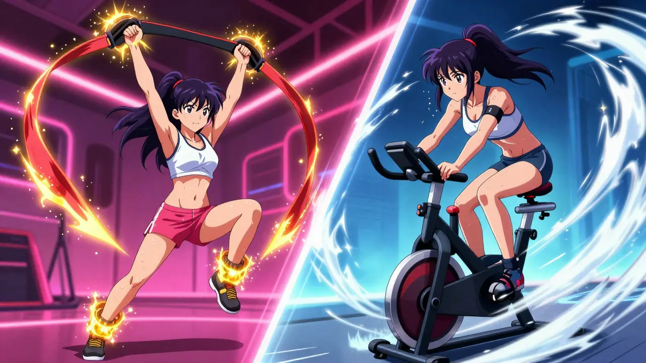 Magical girl character doing strength training and cycling with glowing energy effects