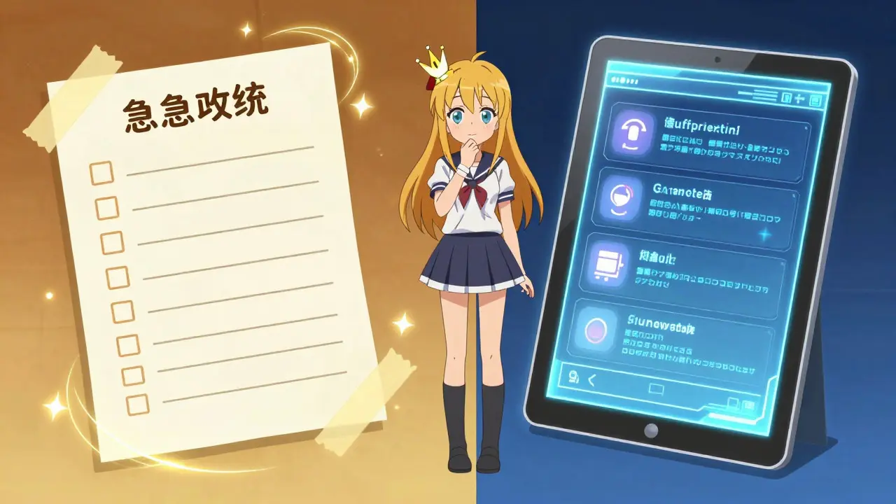 Magical girl comparing paper list and digital app for meds