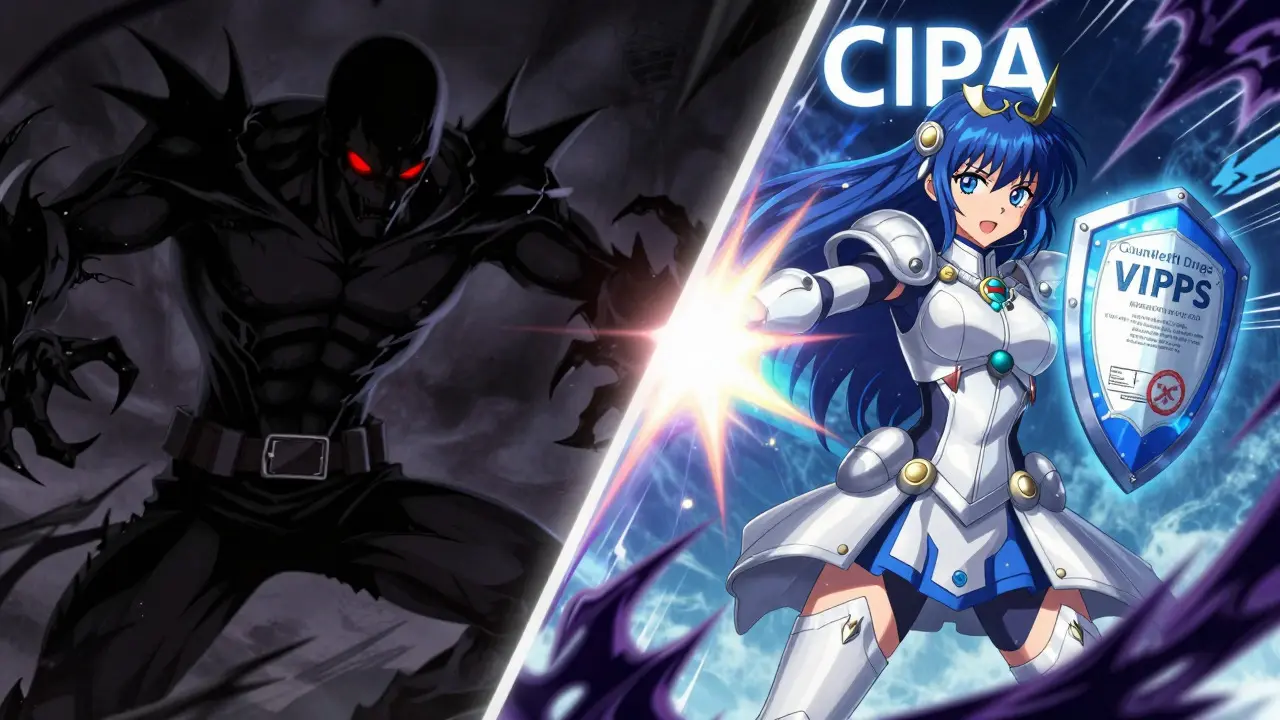 Magical girl defending against counterfeit drugs with safety seals