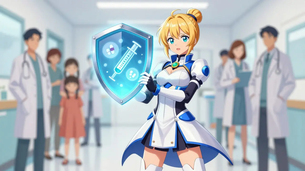 Magical girl hero holding a shield of clear medical decisions in a hospital.