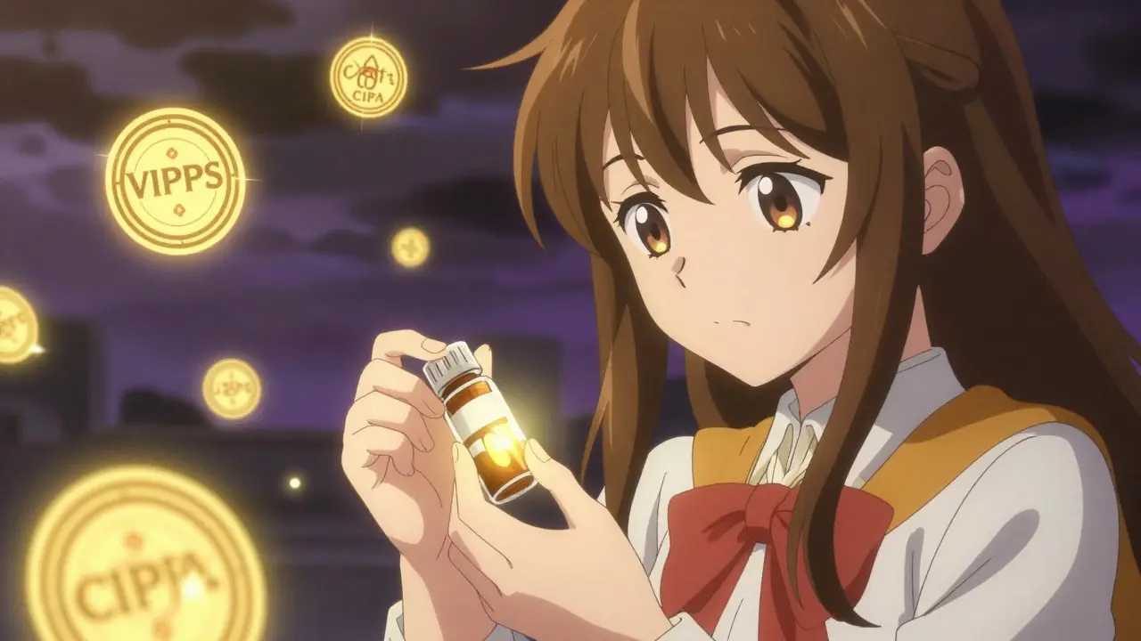 Magical girl inspecting pill bottle with glowing verification seals