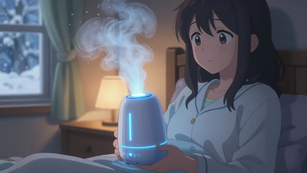 Magical girl using a mist-emitting humidifier in a cozy room