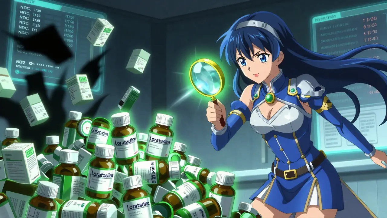 Magical girl verifying safe generic medicine bottles with a glowing shield