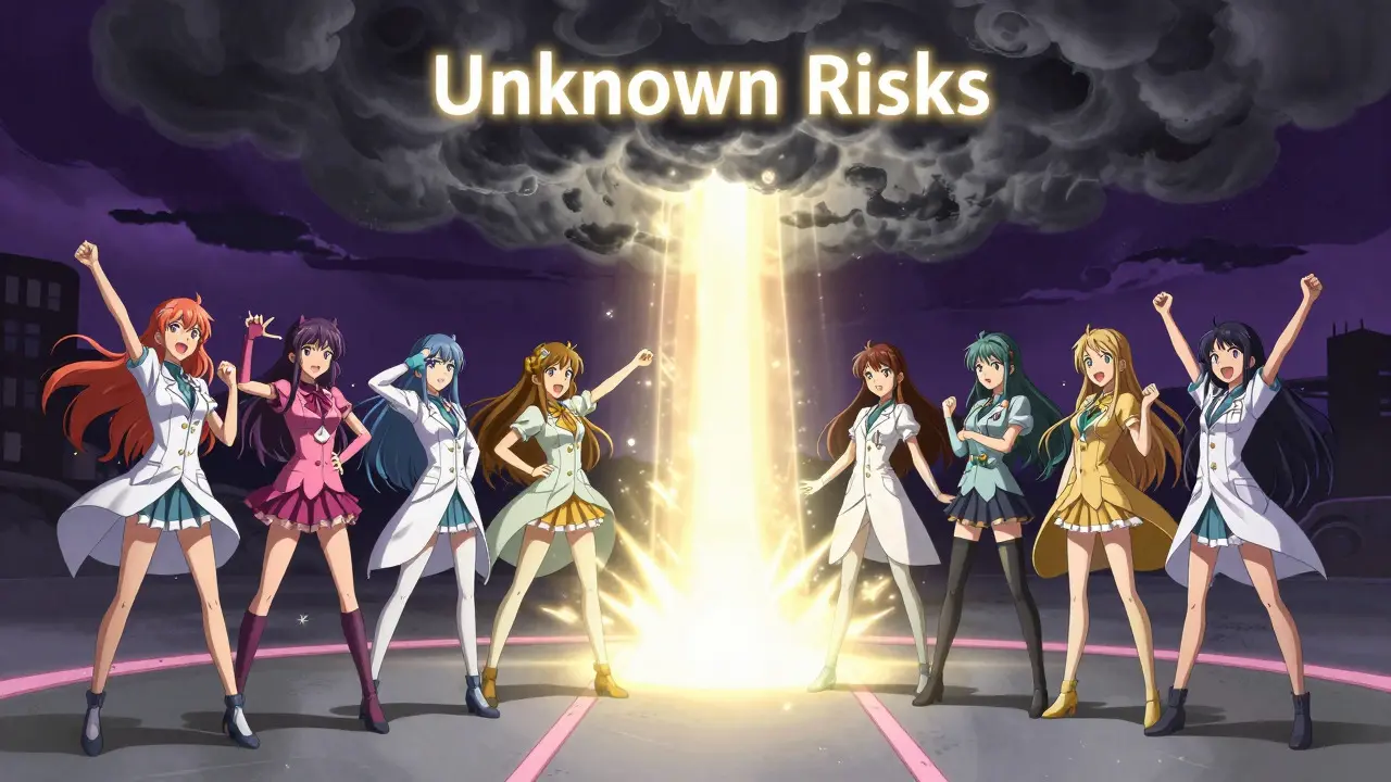 Magical girls combining light to dispel dark clouds, representing collective safety efforts.