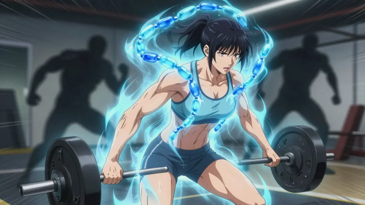 Manga style girl lifting weights protected by amino acid shield