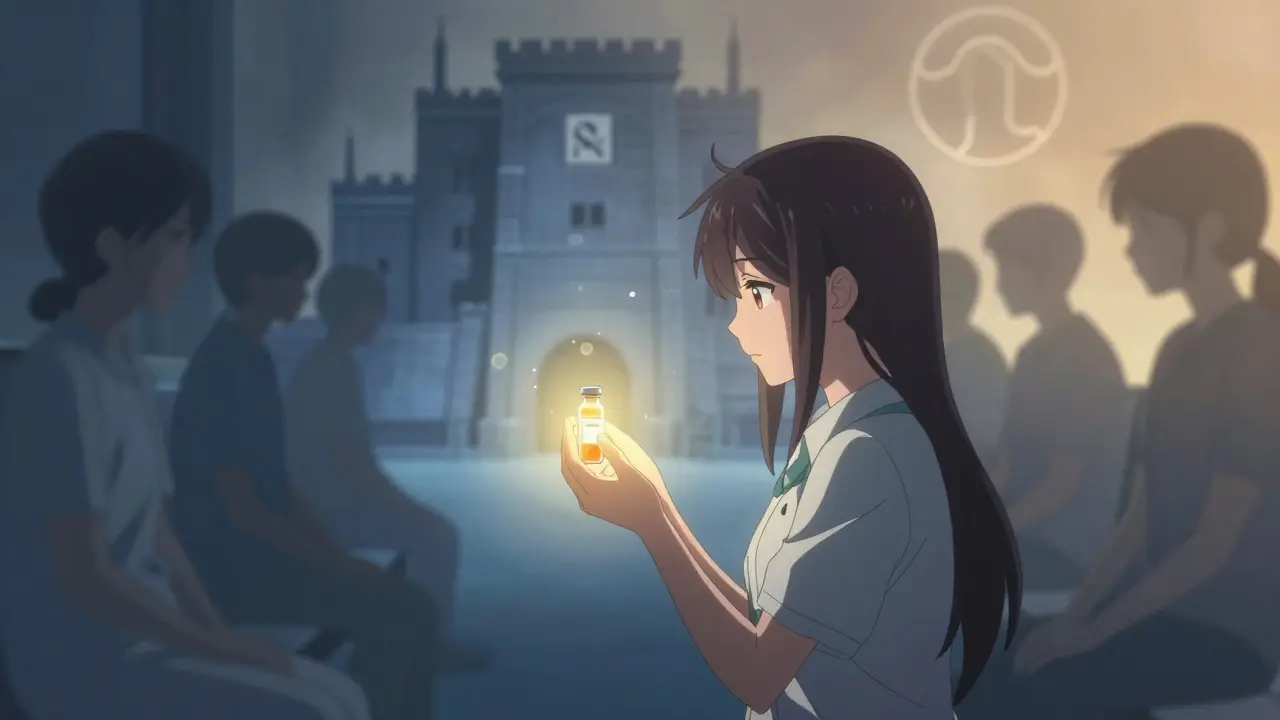 Patient holding glowing medicine while others wait in the shadowed void.