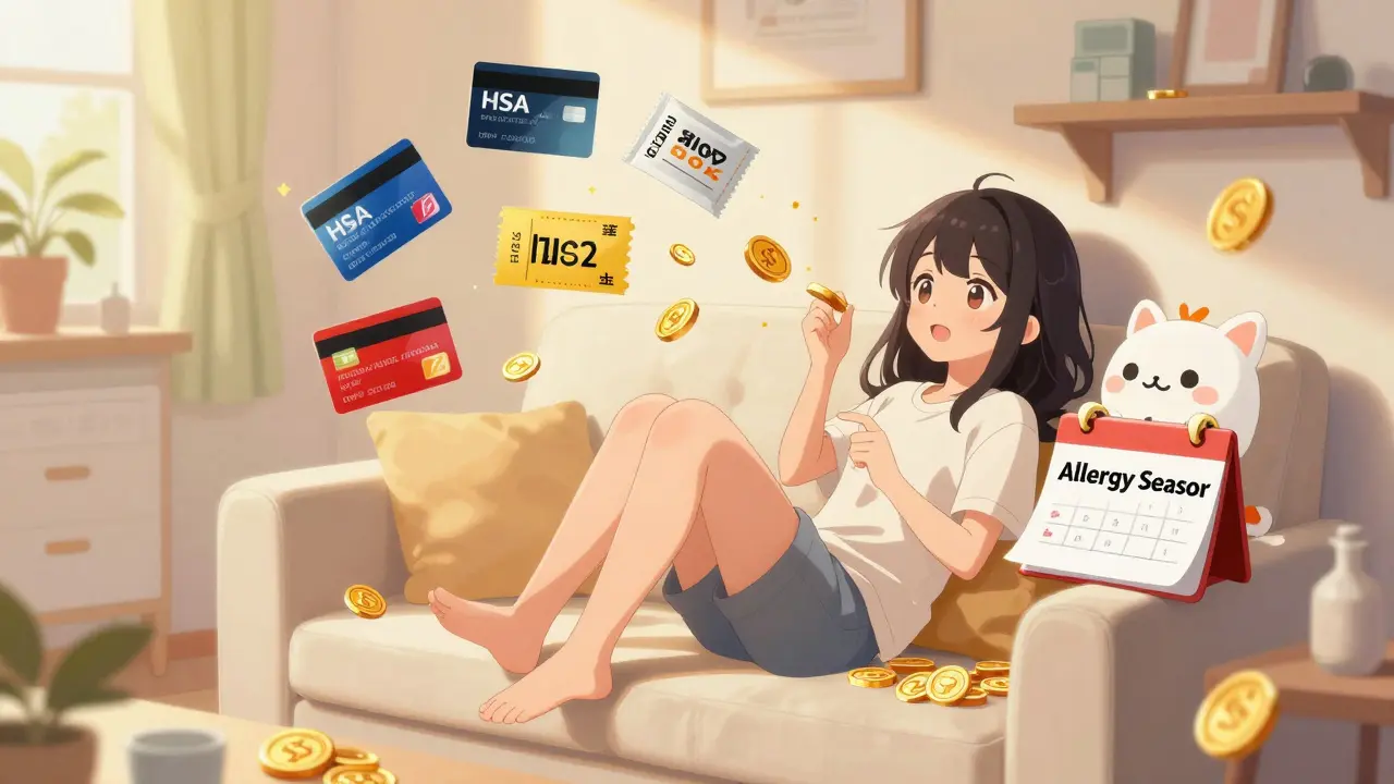 Relaxed anime character saving money on allergy meds with floating coupons