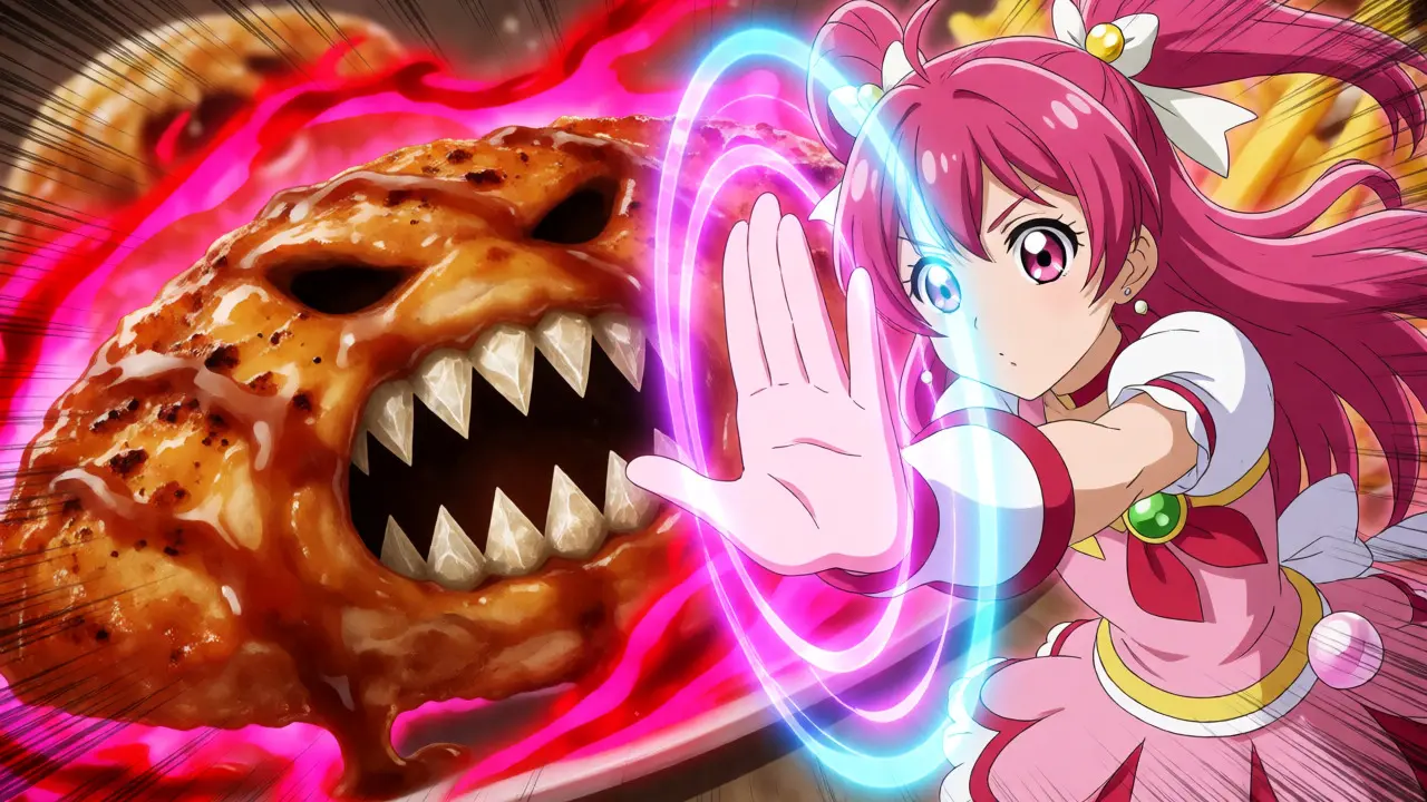 Anime character battling a sugar monster disguised as restaurant sauce