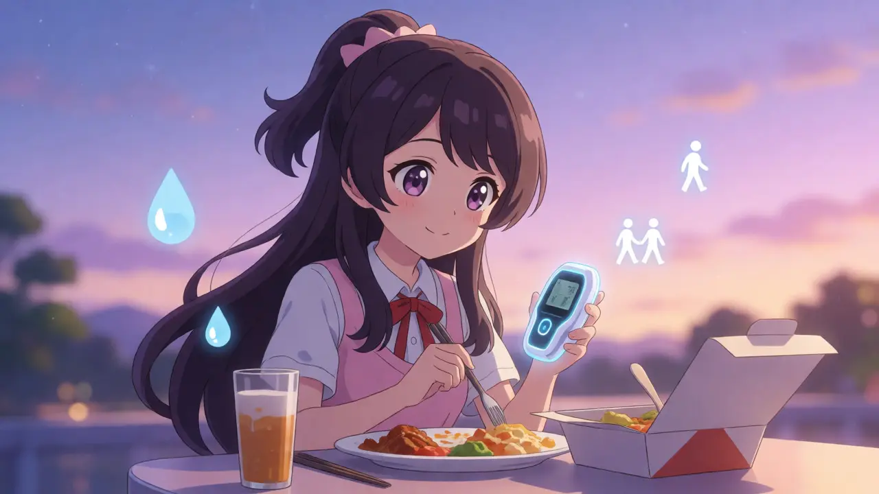 Anime girl calmly checking a glucose monitor after a balanced meal