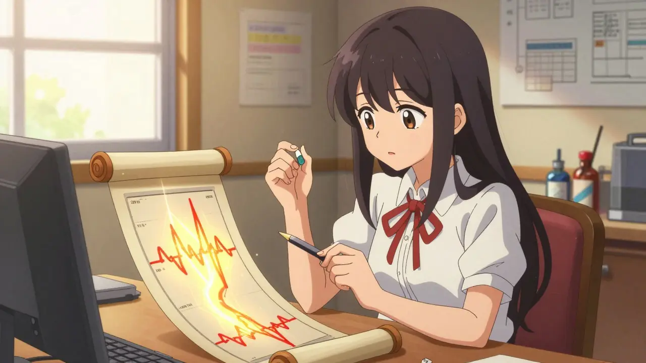 Anime girl monitoring blood sugar levels while taking a generic pill.