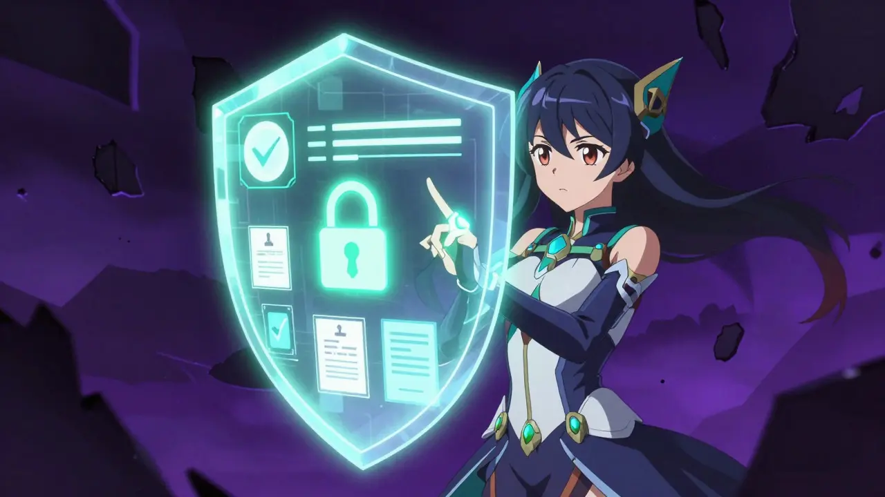 Anime magical girl verifying online pharmacy safety with a glowing digital shield