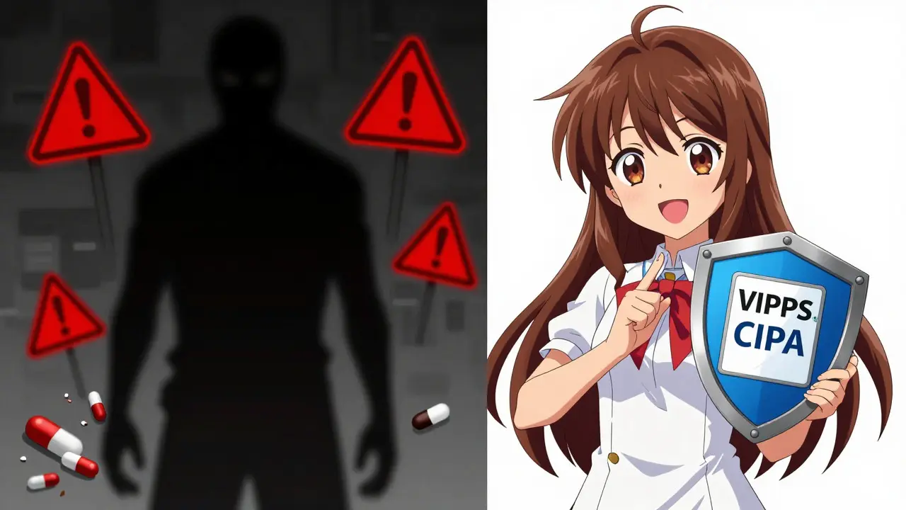 Anime style comparison of safe accredited pharmacies versus scam sites