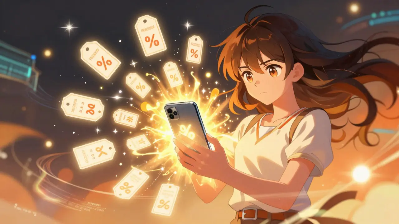 Anime style illustration of a smartphone emitting golden light with discount symbols and sparkles