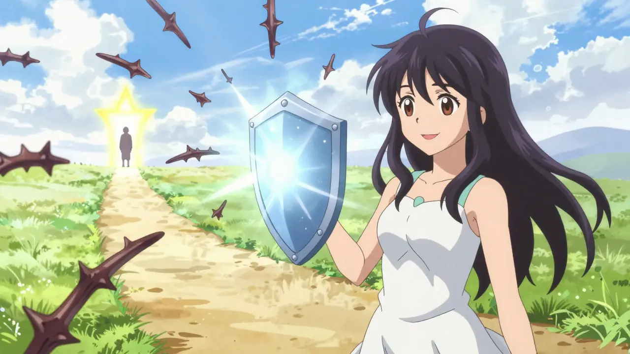 Anime style image of a hero character shielding against pain thorns while a bright new path emerges