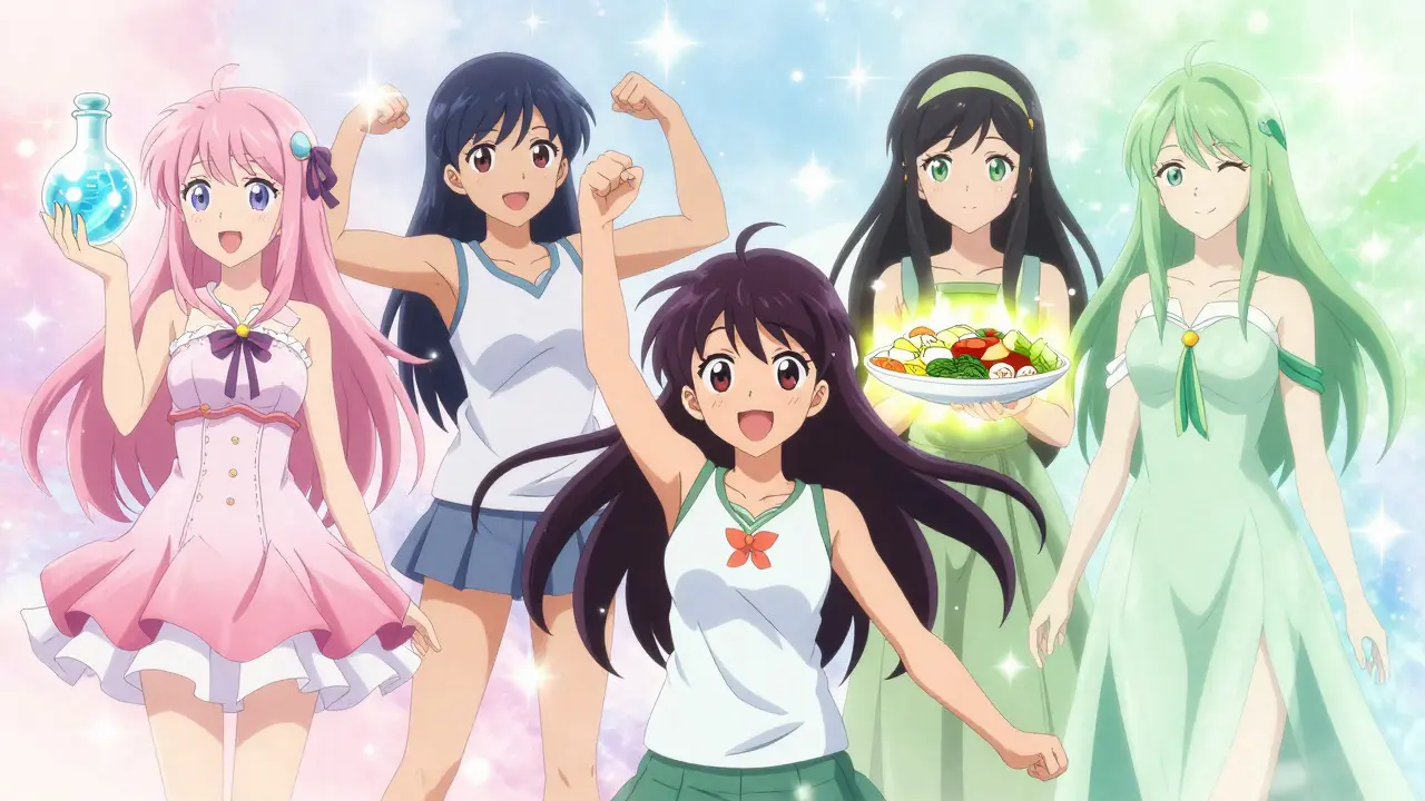 Four magical spirits representing health pillars surround a girl