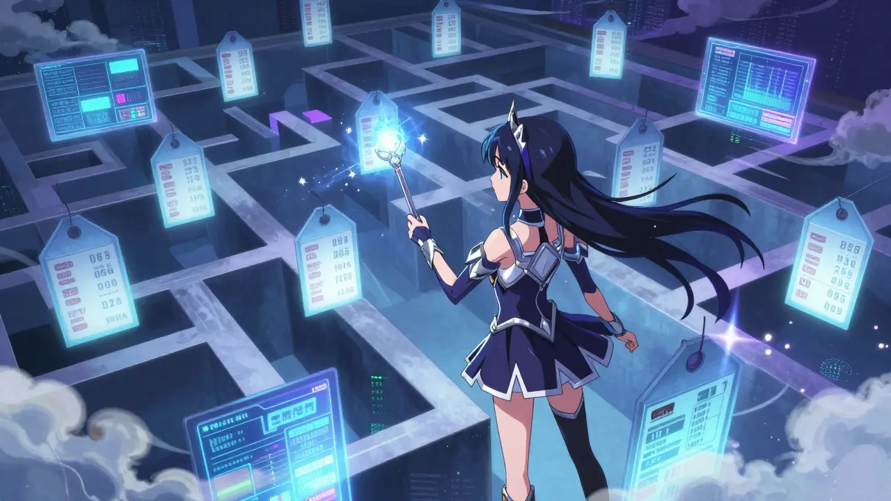 Heroine scanning floating price tags in a magical, data-filled maze